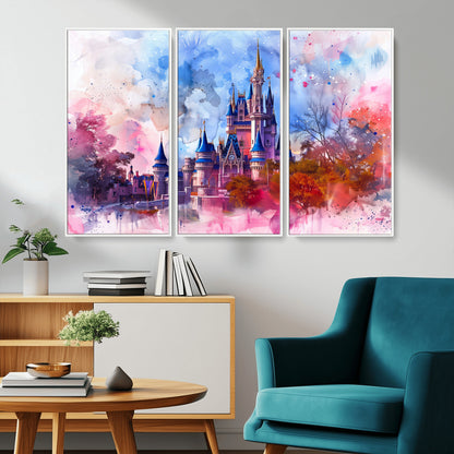 Watercolor canvas of a dreamy Disney-style castle in pastel pink and blue tones, perfect for fairytale or whimsical home decor.