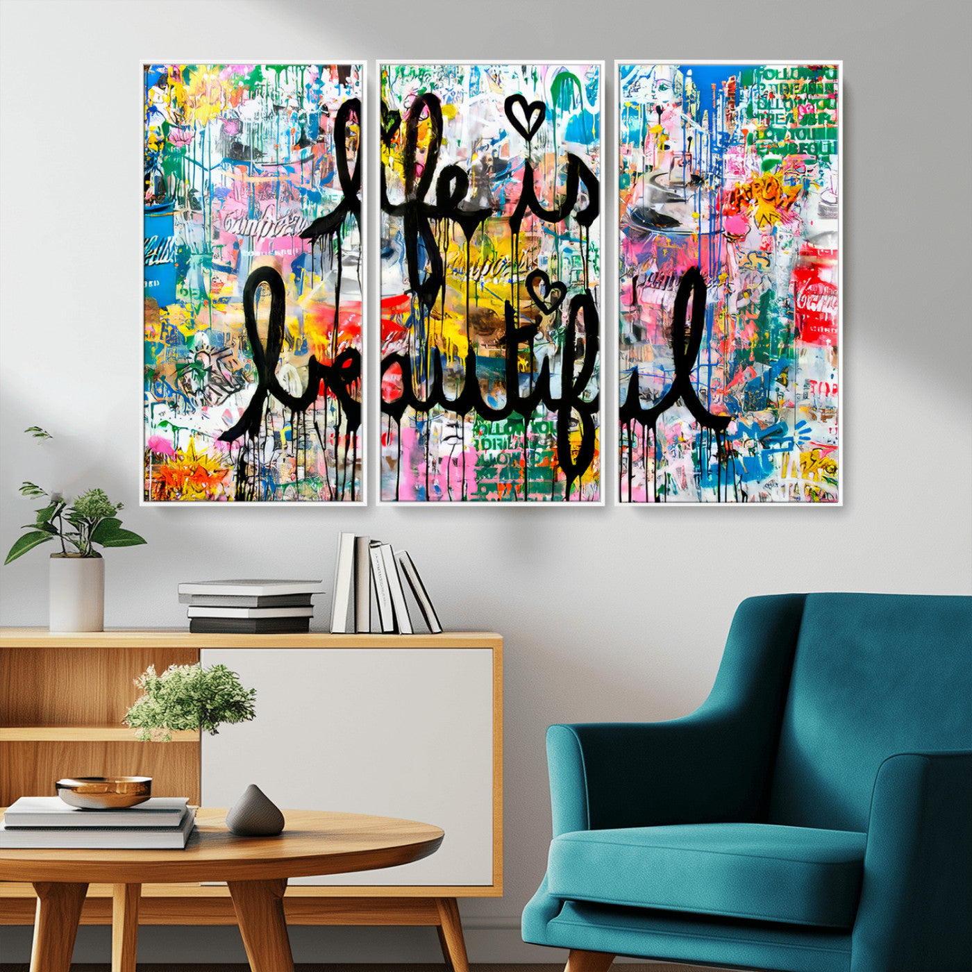 Colorful urban-style canvas with graffiti text “Life is Beautiful” in black paint, ideal for bold or street-themed home decor.