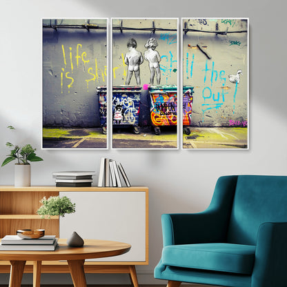 Graffiti-style canvas art with bold text and two naked figures over urban dumpsters, ideal for edgy or street-style decor.