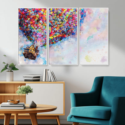 Whimsical canvas of the house from the movie Up flying with colorful balloons, ideal for Pixar or animation-themed decor.