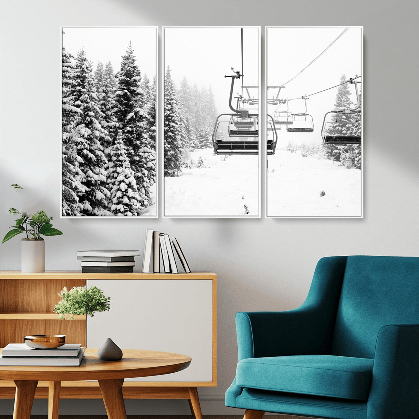 Black and white canvas of empty ski lifts over a snowy pine forest, perfect for minimal winter or ski lodge-inspired decor.