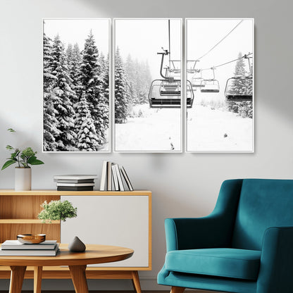 Black and white canvas of empty ski lifts over a snowy pine forest, perfect for minimal winter or ski lodge-inspired decor.
