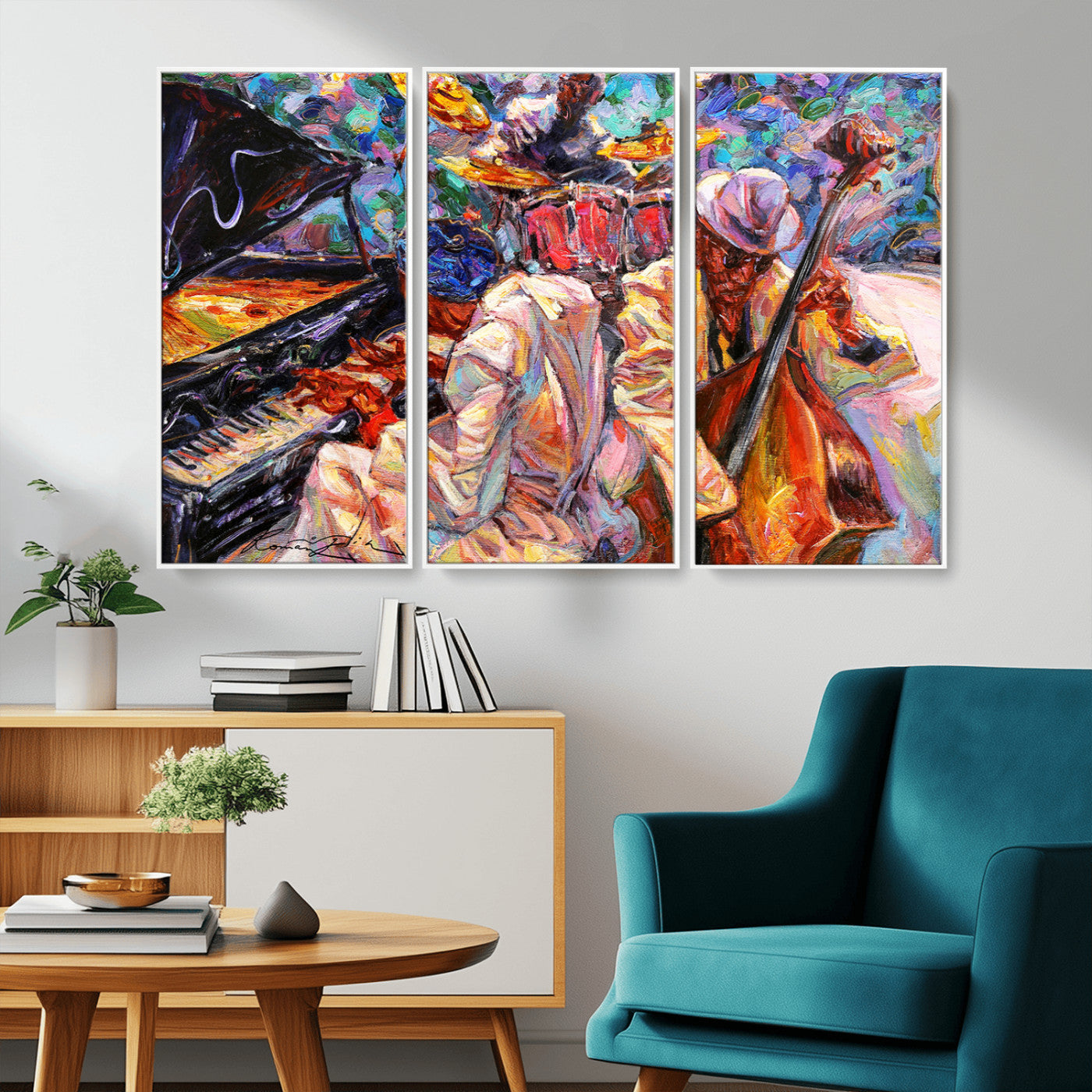Vibrant oil painting of a jazz band with piano, saxophone, and bass, ideal for colorful and expressive music-themed home decor.