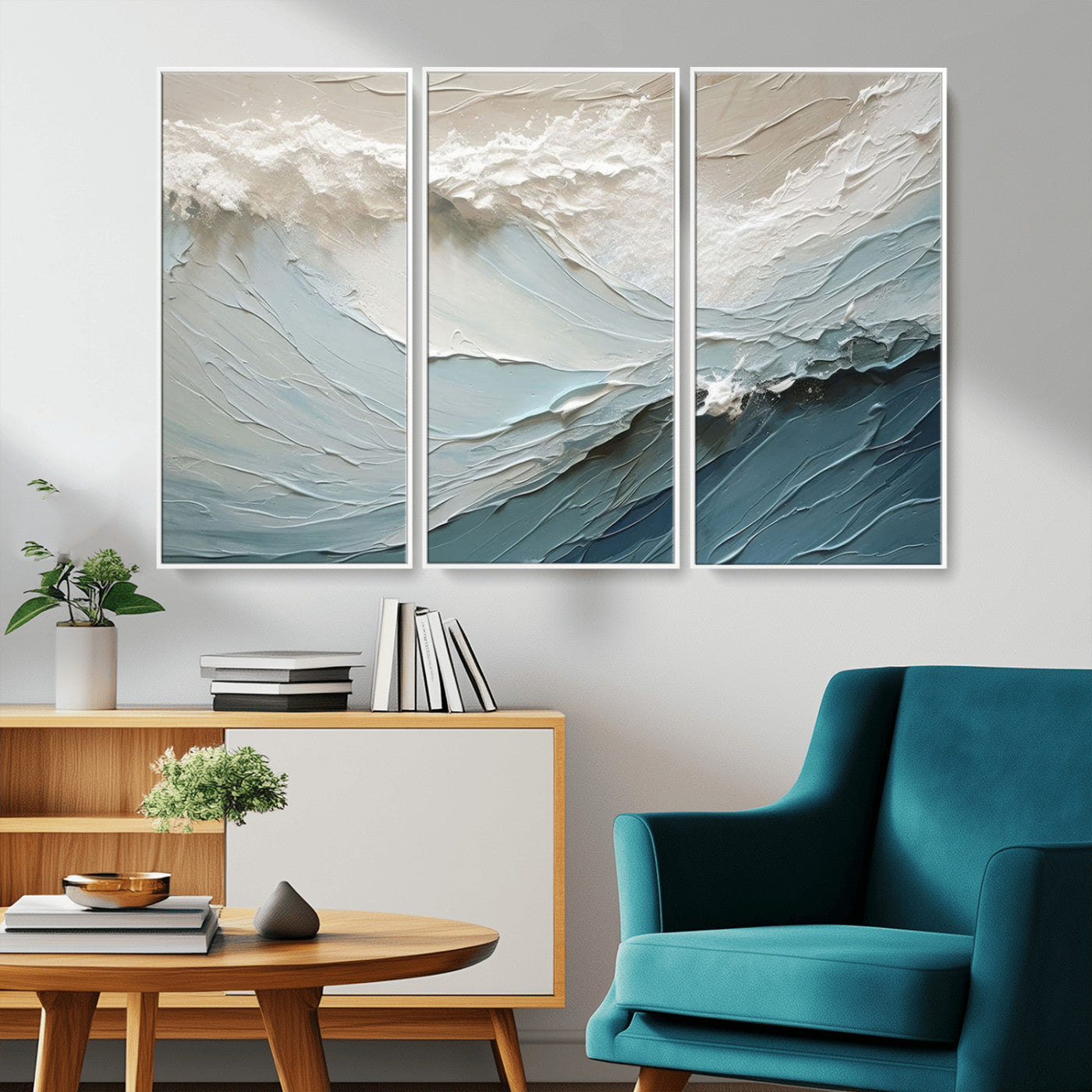 Textured canvas of ocean waves in soft coastal blues and creamy whites, ideal for modern or minimalist coastal-style interiors.