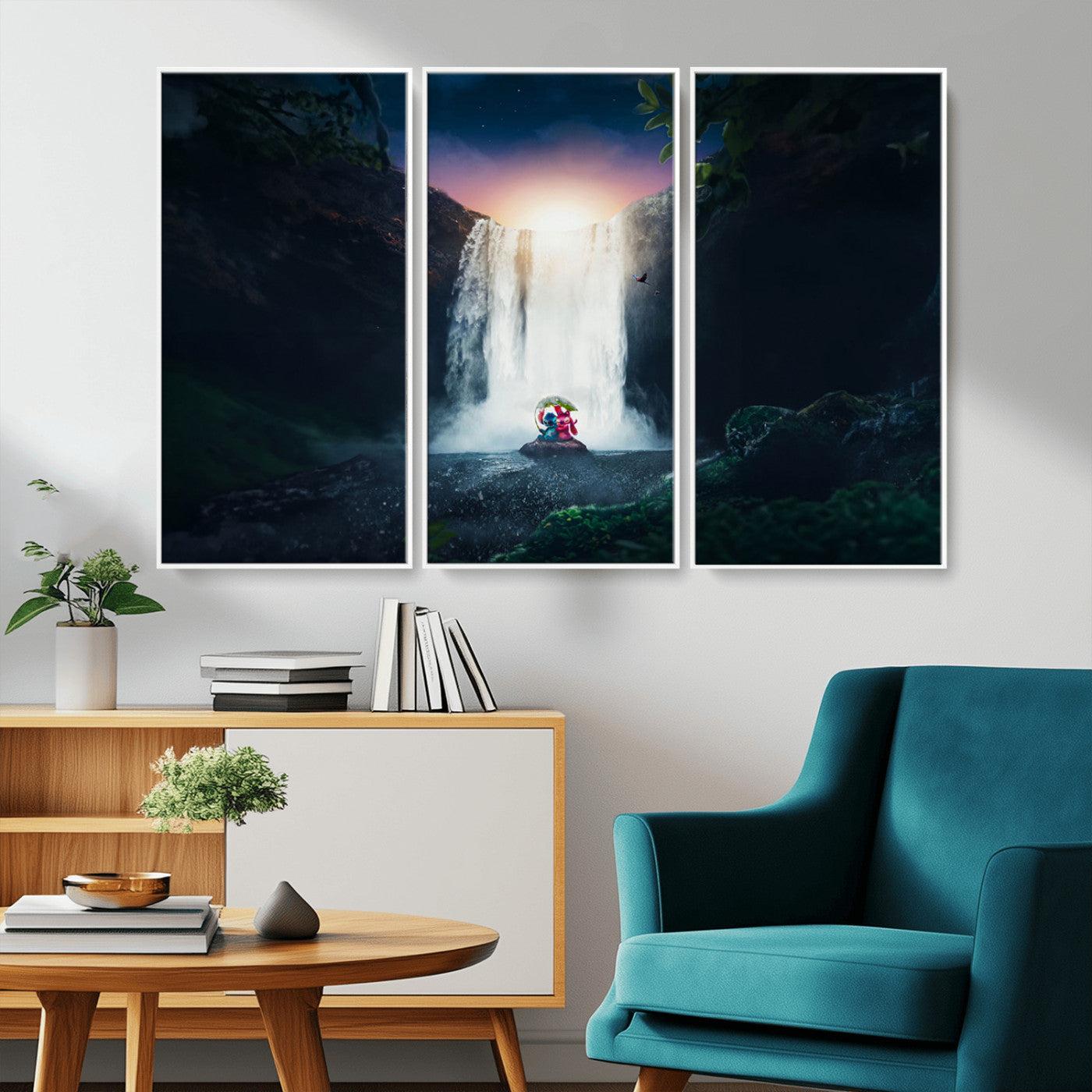 Romantic scene of Stitch and Angel sitting under a leaf in front of a glowing waterfall, ideal for tropical or fantasy-themed decor.