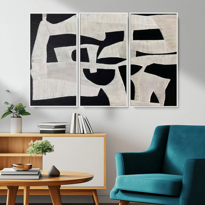 Minimalist black and white canvas featuring bold abstract textures and geometric shapes, ideal for modern neutral decor.