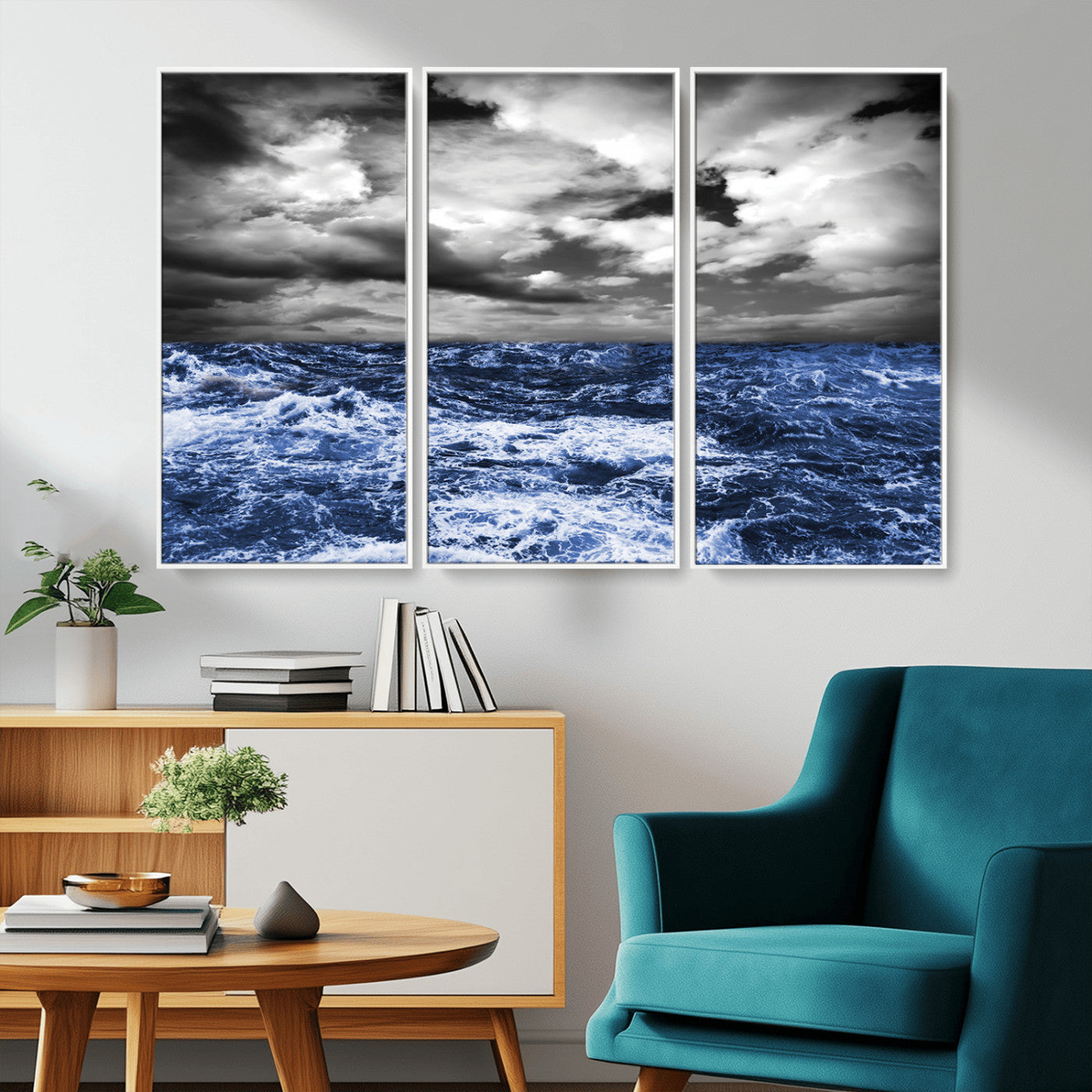 Moody canvas wall art of a stormy ocean under a dramatic black-and-white sky, perfect for bold or coastal-style interiors.