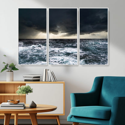 Moody ocean scene with stormy skies and crashing waves, perfect for dramatic or coastal-style home wall decor.