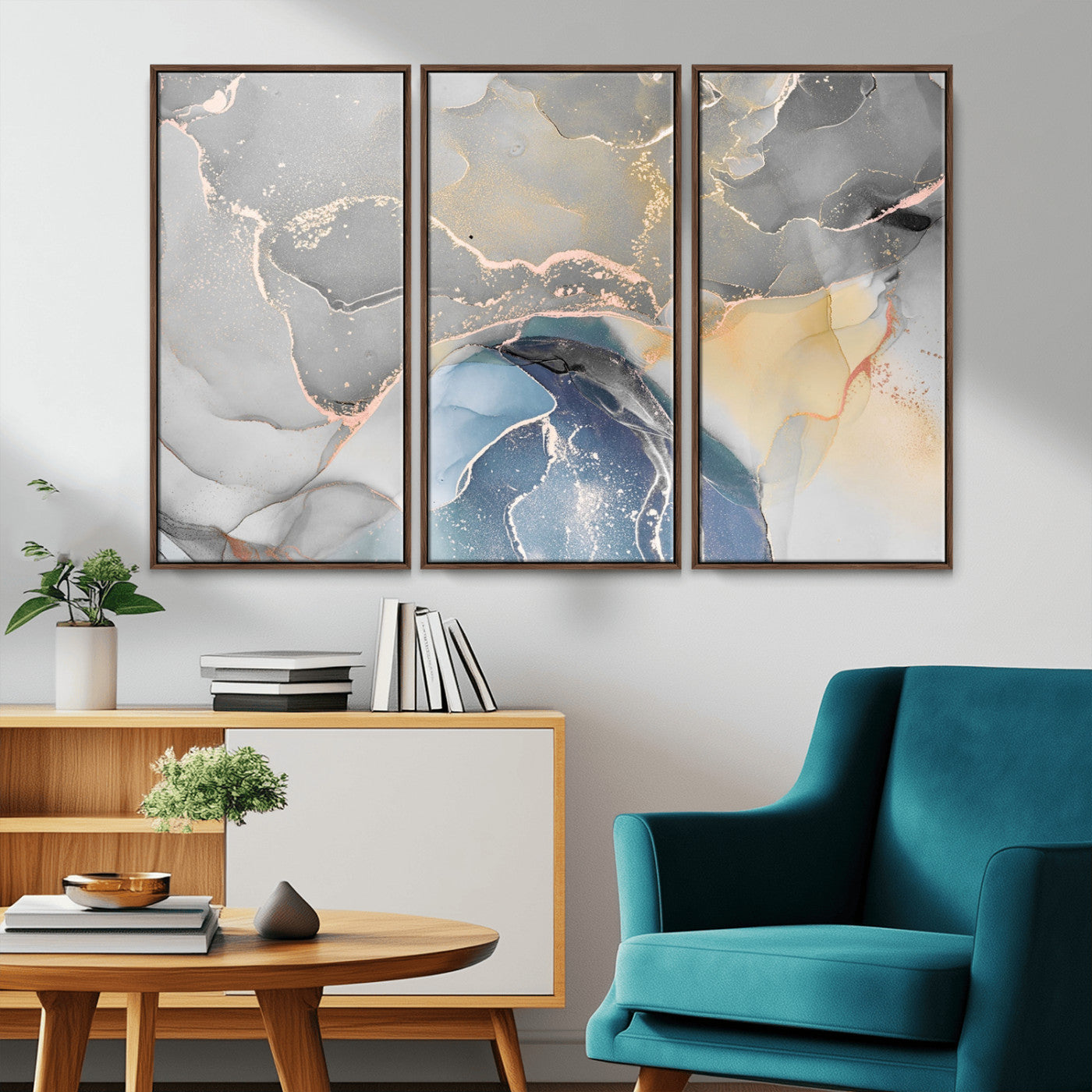 63211-MGV-FC-48X32-3P_Walnut-Abstract Fluid Art Wall Decor – Blue, Gray & Gold Canvas Print, Modern Home and Office Wall Art Decor for Living Room, Bedroom or Workspace