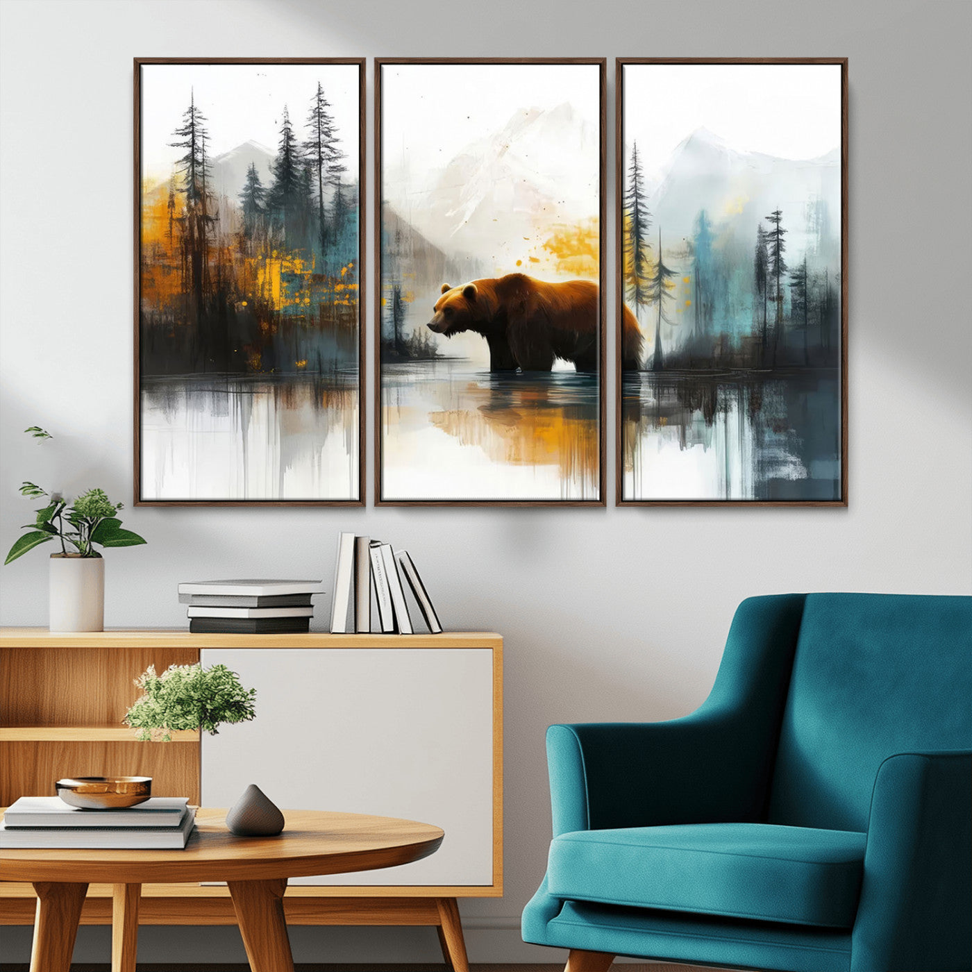 A majestic bear stands by the serene waters of a misty forest, surrounded by towering trees and distant mountains, evoking the raw beauty and wild spirit of nature.