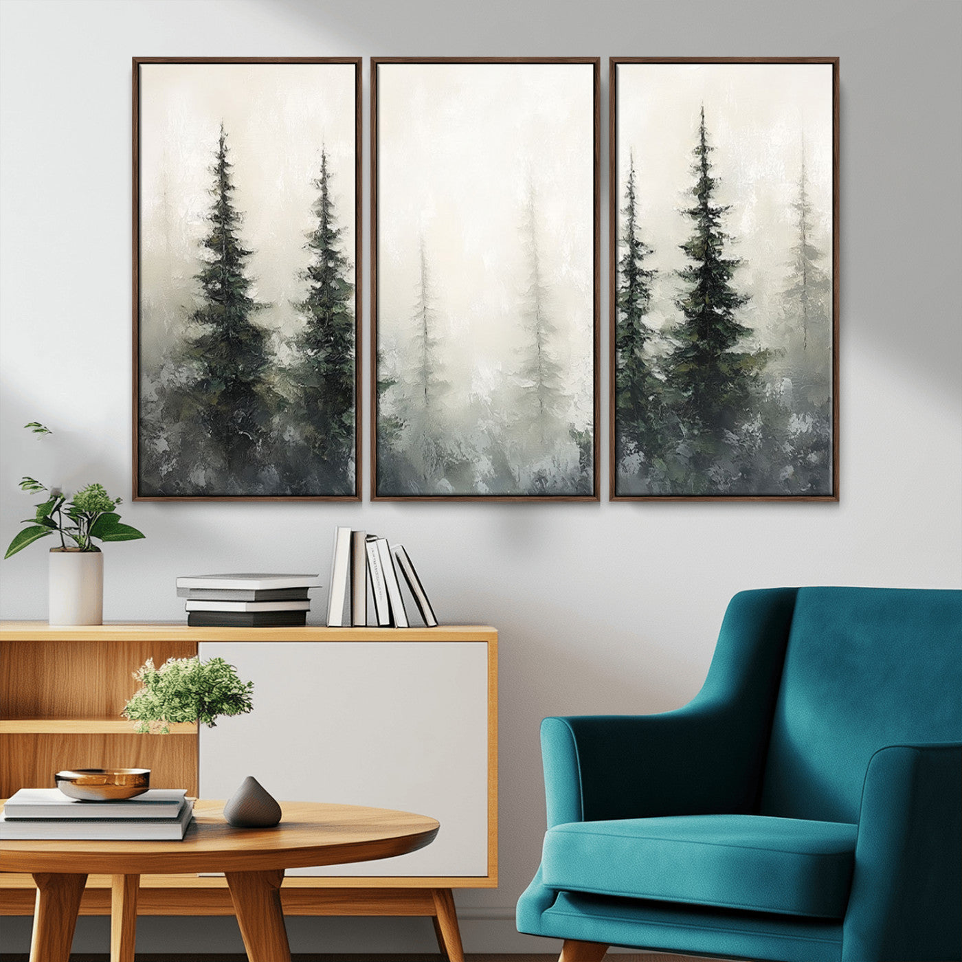 Soft and misty pine forest painting in neutral earthy tones, ideal for calm woodland or minimalist rustic home decor.