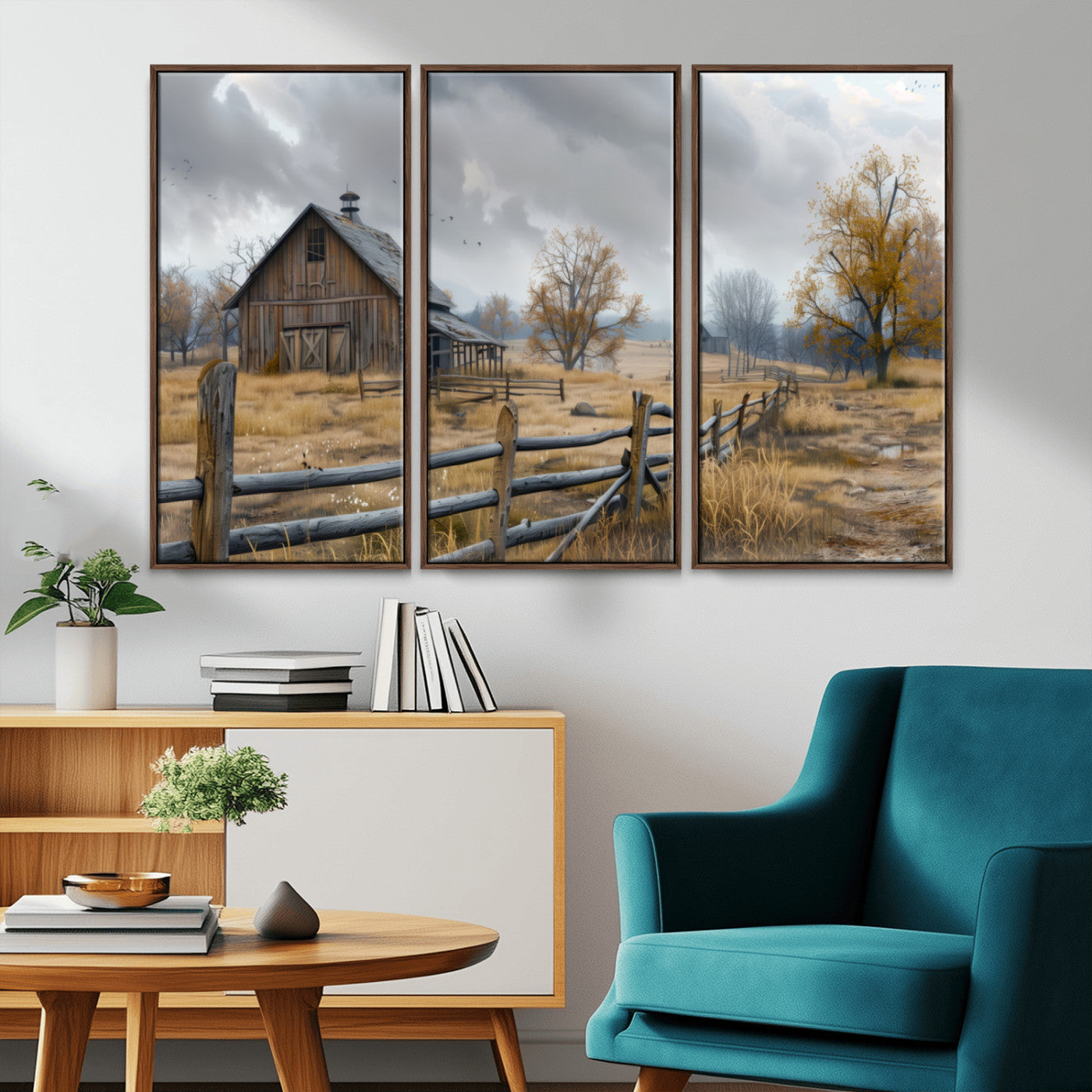 A tranquil rural scene featuring a rustic barn, overcast skies, and golden fields with scattered trees, evoking a sense of peaceful solitude in nature.