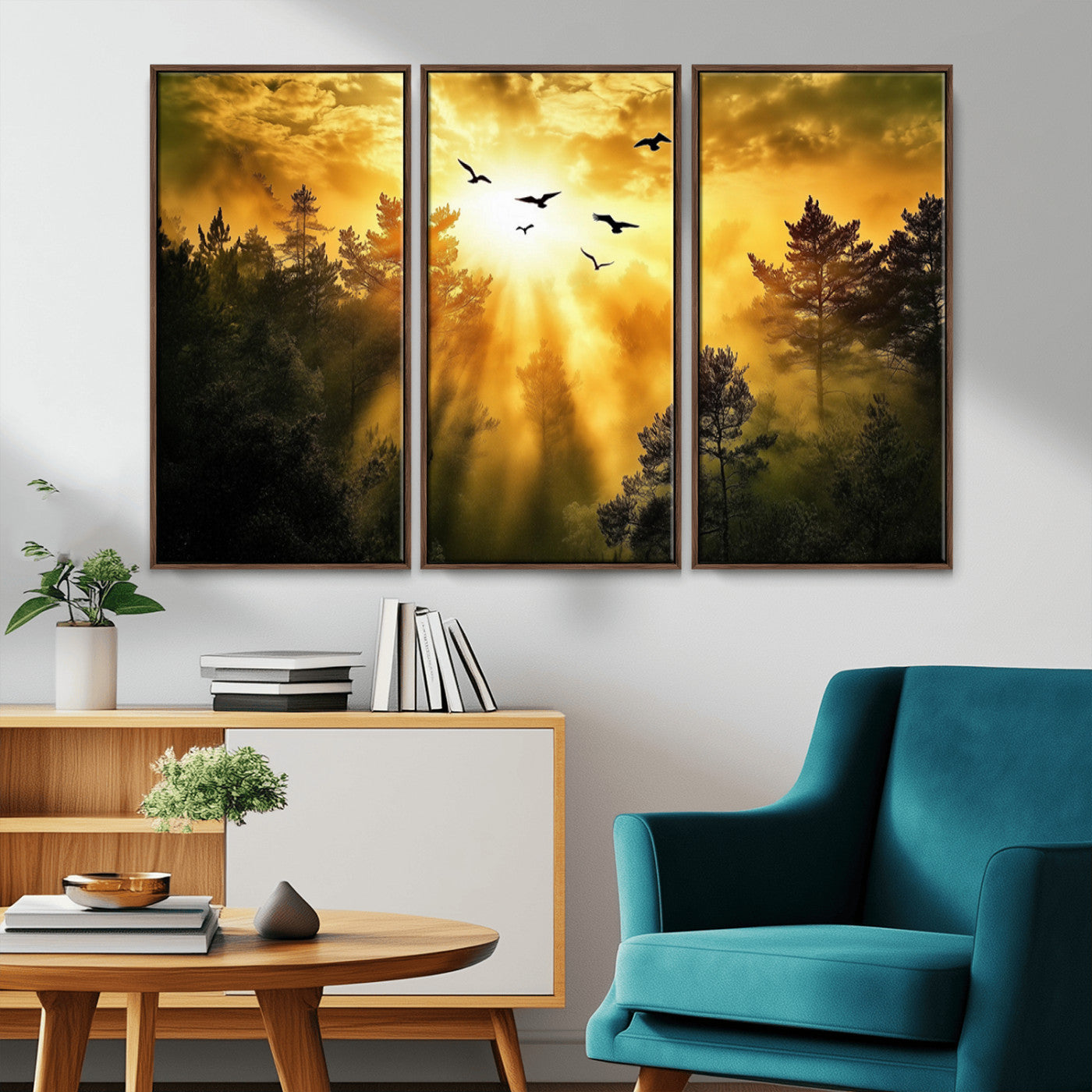 Canvas of a golden forest at sunset with birds flying through glowing sunbeams and silhouetted pine trees, ideal for warm-toned rustic decor.
