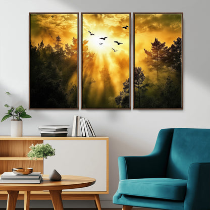 Canvas of a golden forest at sunset with birds flying through glowing sunbeams and silhouetted pine trees, ideal for warm-toned rustic decor.
