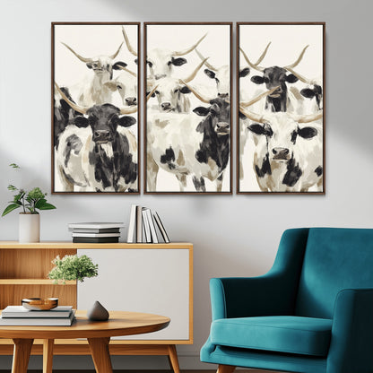 Canvas of a Texas Longhorn cattle herd in neutral black and white tones, ideal for rustic farmhouse or western-themed decor.