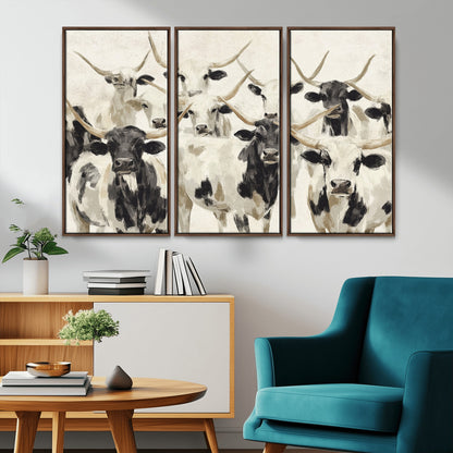 Canvas of a Texas Longhorn cattle herd in neutral black and white tones, ideal for rustic farmhouse or western-themed decor.