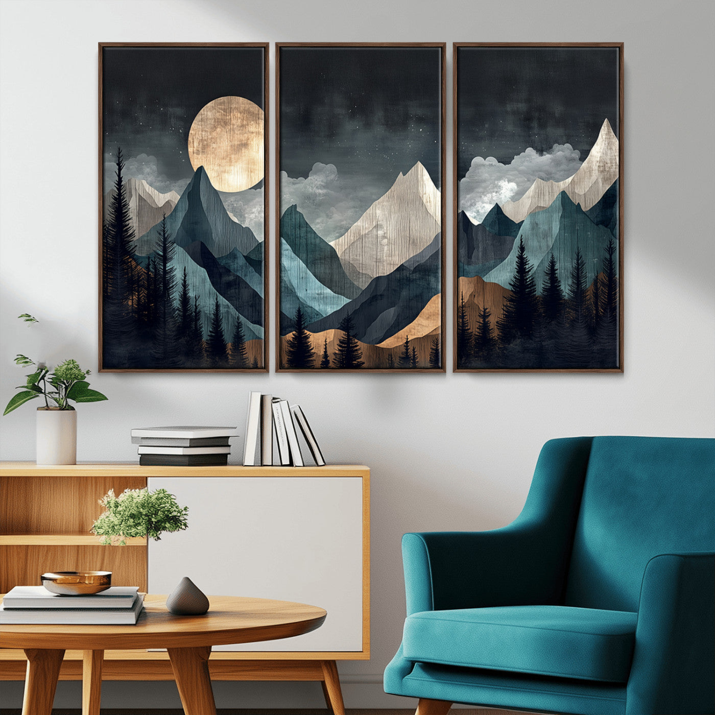 Stylized canvas of layered mountains under a full moon in neutral moody tones, ideal for nature-inspired or modern rustic interiors.