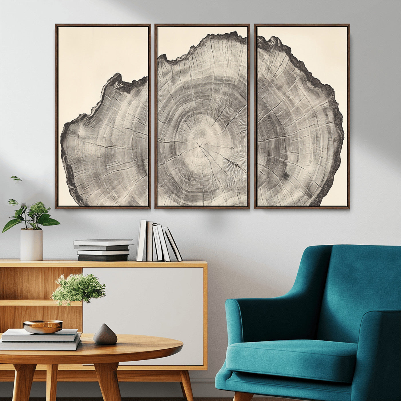 Detailed tree ring drawing in monochrome tones, ideal for rustic or nature-inspired interiors with a minimal decor aesthetic.