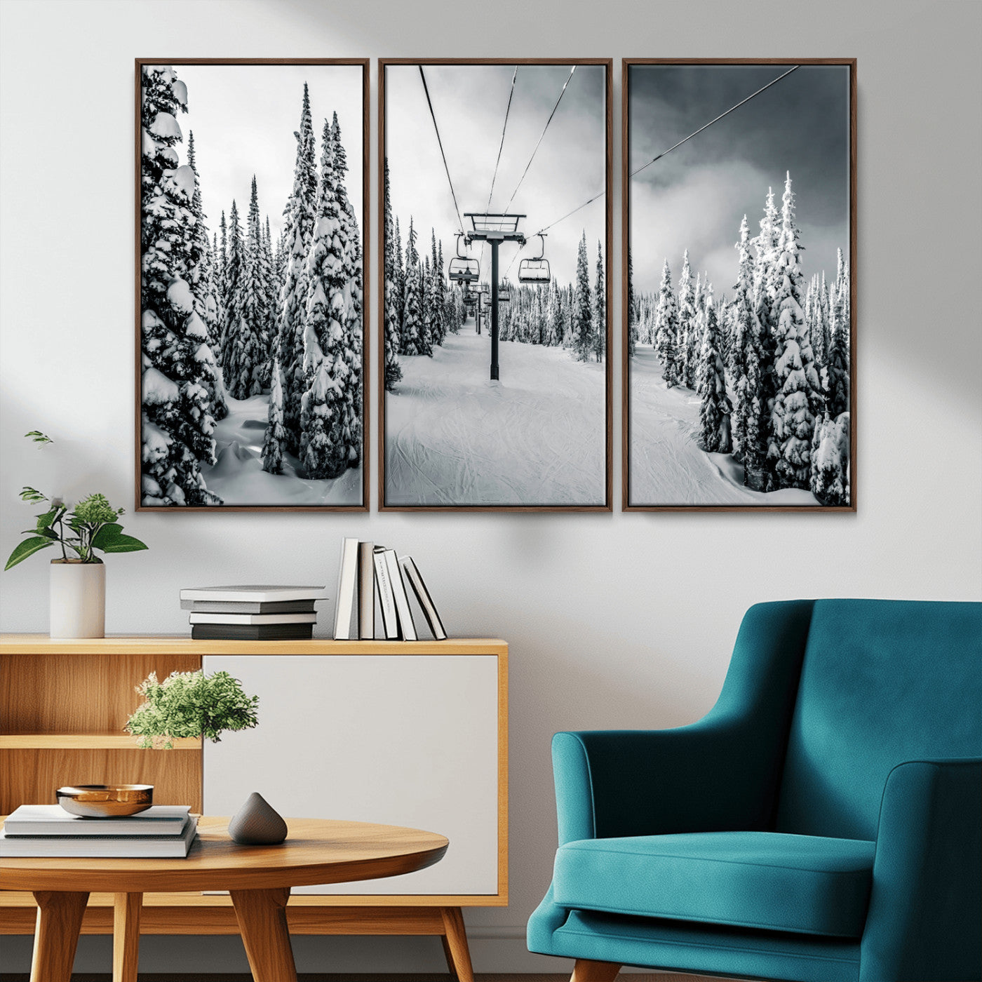 Canvas of a snowy ski lift scene through a forest of tall pine trees, ideal for moody winter or alpine-themed home decor.
