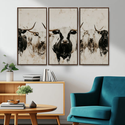 Illustrated herd of longhorn cattle in black and white tones with a neutral textured background, perfect for rustic or farmhouse-style decor.