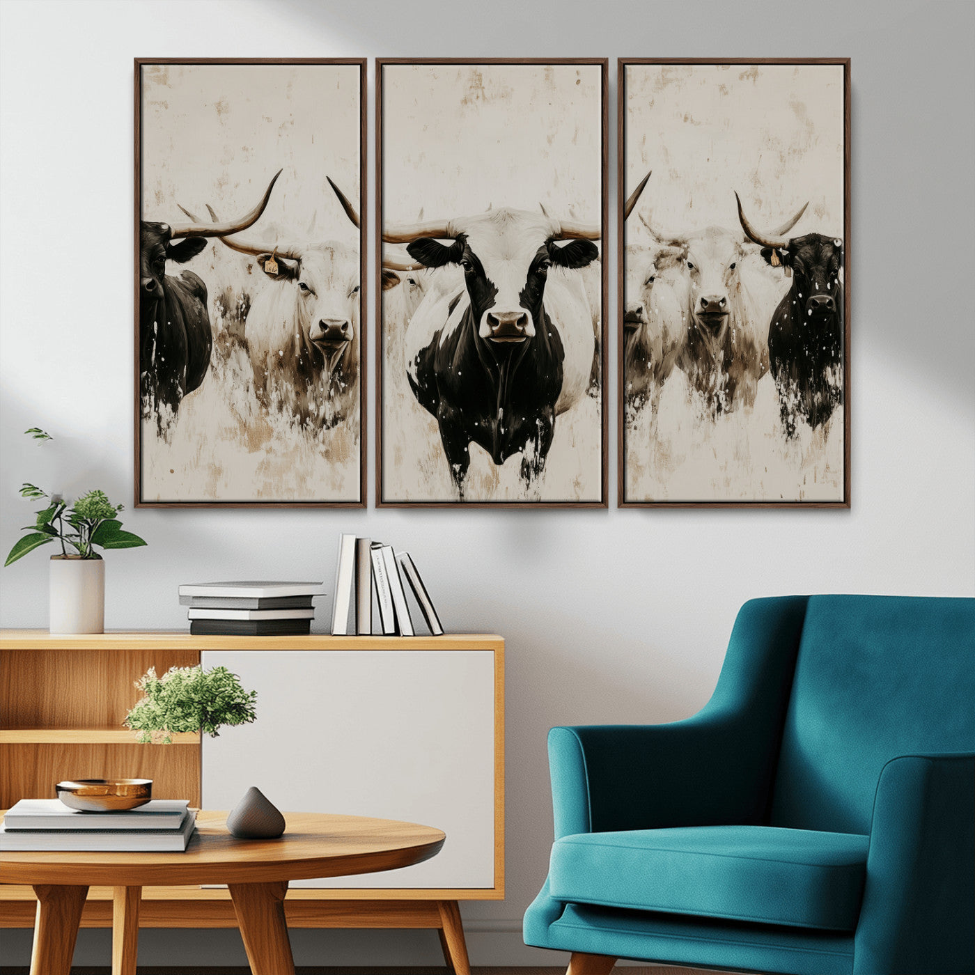 Illustrated herd of longhorn cattle in black and white tones with a neutral textured background, perfect for rustic or farmhouse-style decor.