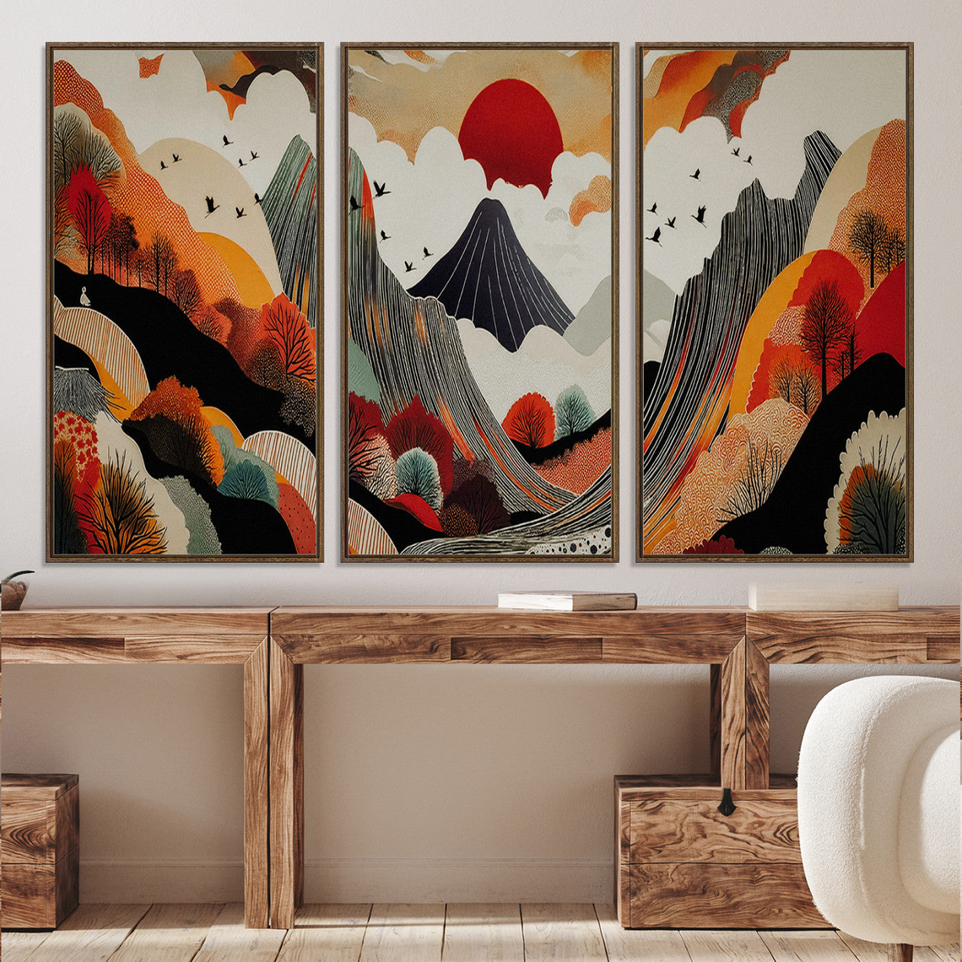 Abstract Mountain Wall Art Canvas Print, Vibrant Landscape Print, Framed Stylized Nature Drawing Art Print, Large Sunset Mountains Printing Perfect for Contemporary Minimalist Decor
