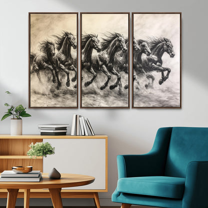 Monochrome drawing of a herd of galloping horses, perfect for dynamic and wild-themed decor in any equestrian or nature-inspired room.