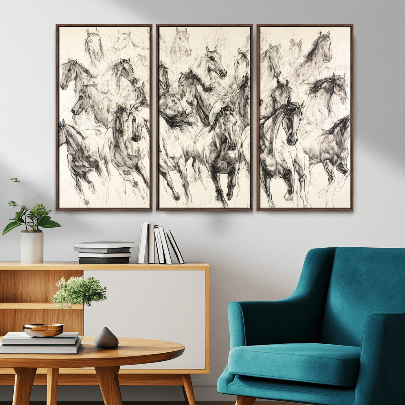 Monochrome ink sketch of galloping horses in dynamic motion, perfect for western or equine-themed wall decor with bold artistic energy.