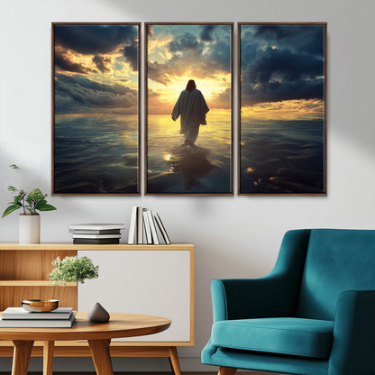 Spiritual artwork of Jesus walking on water at golden hour with divine light, ideal for Christian home decor or prayer room.