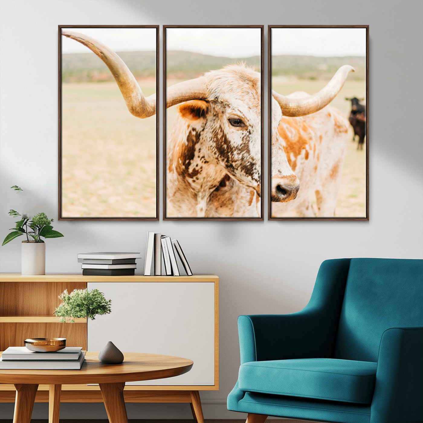 Close-up of a speckled Texas Longhorn in warm prairie tones, perfect for rustic western or countryside-themed room decor.