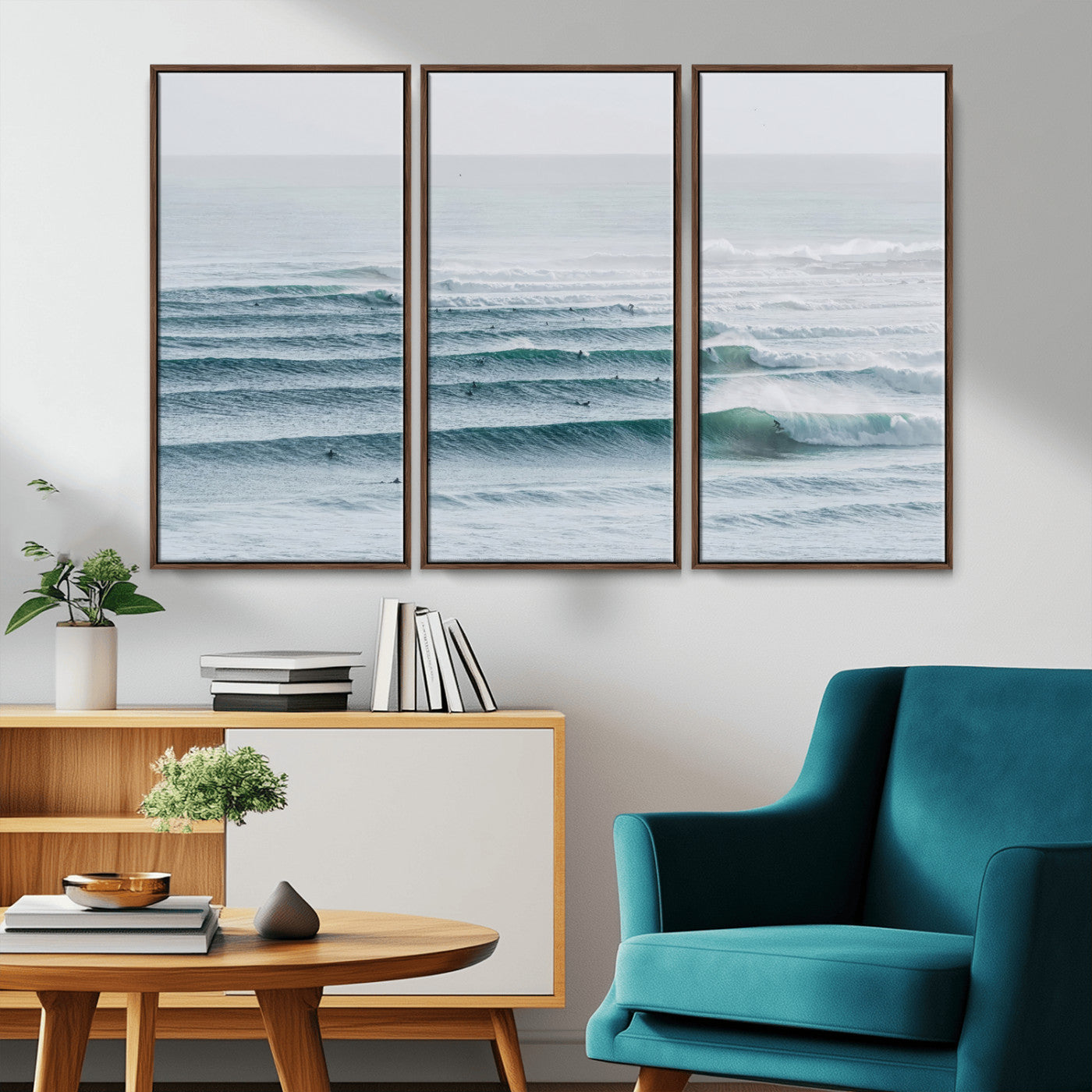 High-angle view of surfers lining up across layered ocean waves, ideal for minimal coastal or surf-inspired room decor.
