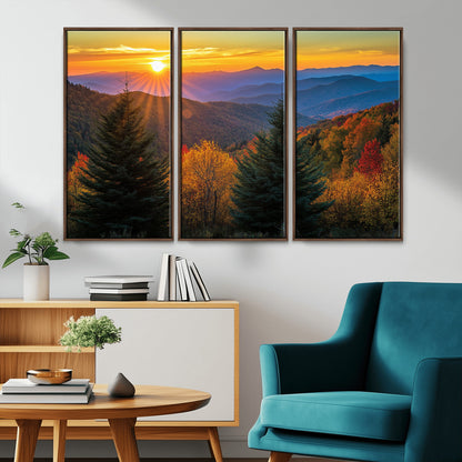 Vibrant sunset over autumn mountains with colorful trees and warm light, ideal for nature lovers or cabin-style wall decor.