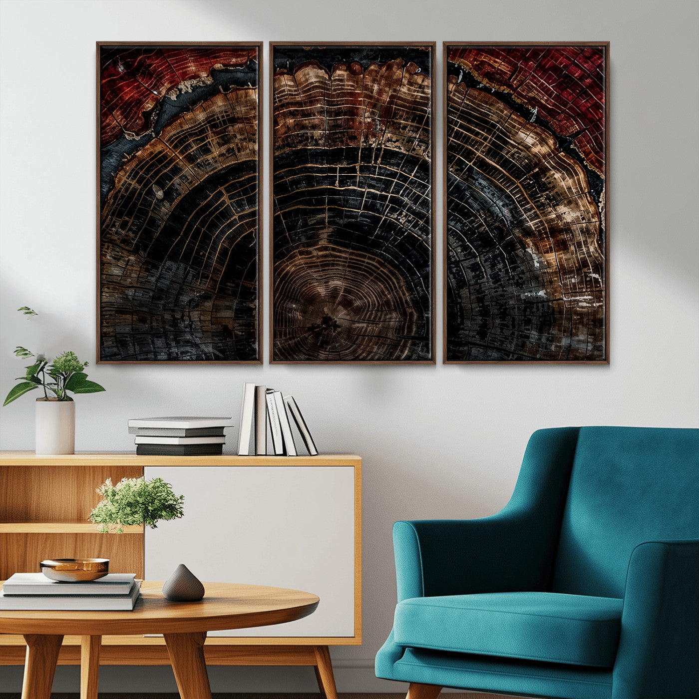 Dark Wood Wall Art Print - Petrified Tree Canvas Print, featuring an intricate tree ring pattern with deep earthy tones and organic textures, perfect for rustic and nature-inspired decor.