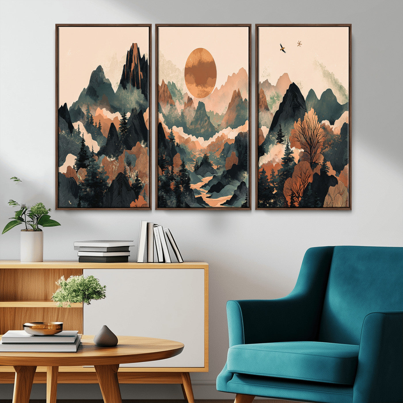 Mountain Landscape Wall Art Print - Sunset Hills Canvas Print, featuring an abstract nature scene with earthy tones and misty peaks, perfect for boho and modern decor.
