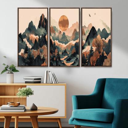 Mountain Landscape Wall Art Print - Sunset Hills Canvas Print, featuring an abstract nature scene with earthy tones and misty peaks, perfect for boho and modern decor.