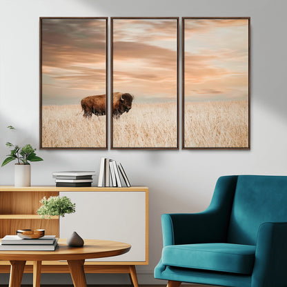 Bison Wall Art Print - Buffalo Canvas Print, featuring a lone bison in a golden prairie under a warm sunset sky, perfect for rustic and farmhouse decor.