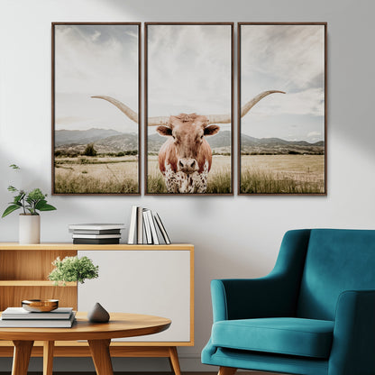 Longhorn Wall Art Print - Western Cow Canvas Print, featuring a majestic Texas longhorn in a rustic prairie setting, perfect for farmhouse and western decor.