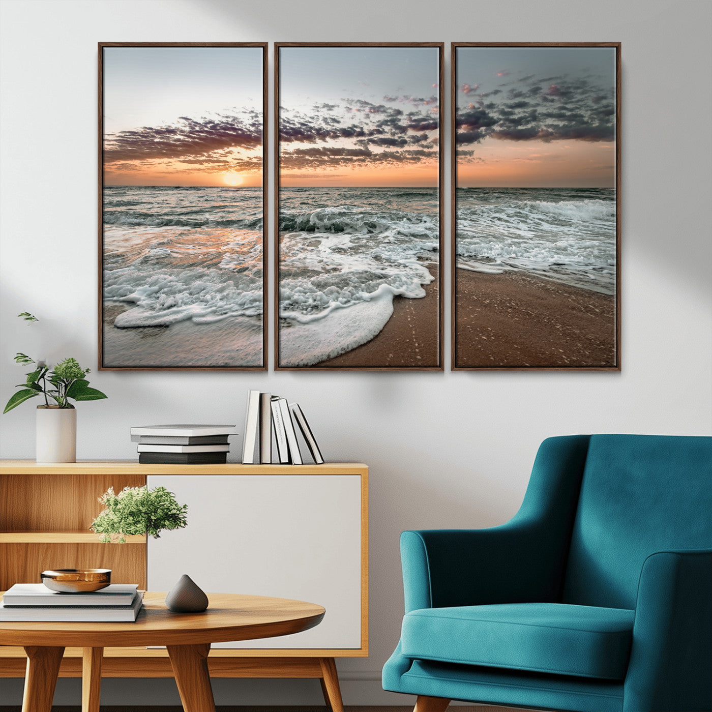 Ocean Sunset Wall Art Print - Beach Waves Canvas Print, featuring a serene seascape with golden sunlight reflecting on gentle waves, perfect for coastal and minimalist decor.
