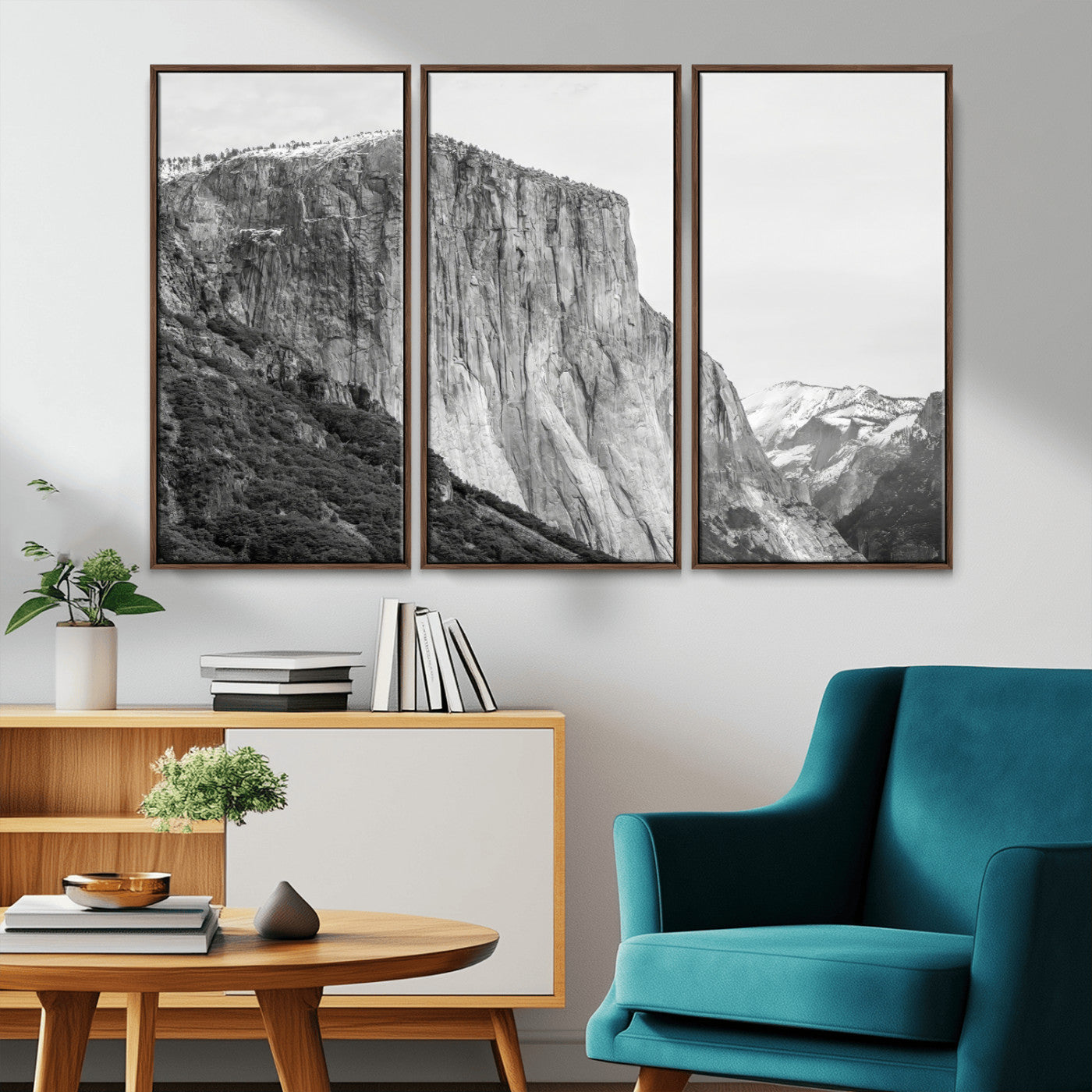 Monochrome canvas of El Capitan’s granite wall in Yosemite with snowy peaks, ideal for dramatic mountain or black-and-white nature decor.