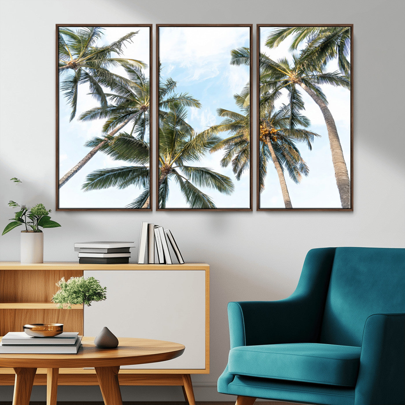 Framed canvas of tall palm trees reaching into a tropical sky, ideal for beach home or relaxed island-inspired wall decor.