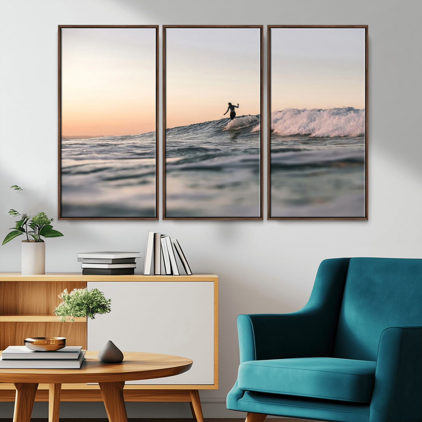 Framed canvas of a female surfer balancing on a wave at sunset, perfect for serene surf or ocean-inspired coastal decor.