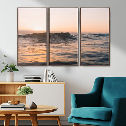 Framed canvas of ocean waves glowing in sunset light, ideal for golden hour calm or peaceful coastal-inspired wall decor.