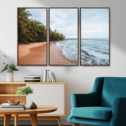Framed canvas of a tropical beach with palm trees and soft waves, ideal for coastal escape or serene nature-inspired home decor.