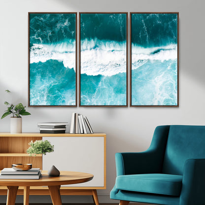 Aerial view of turquoise ocean waves crashing with white foam, perfect for tropical coastal or modern beach-style home decor.