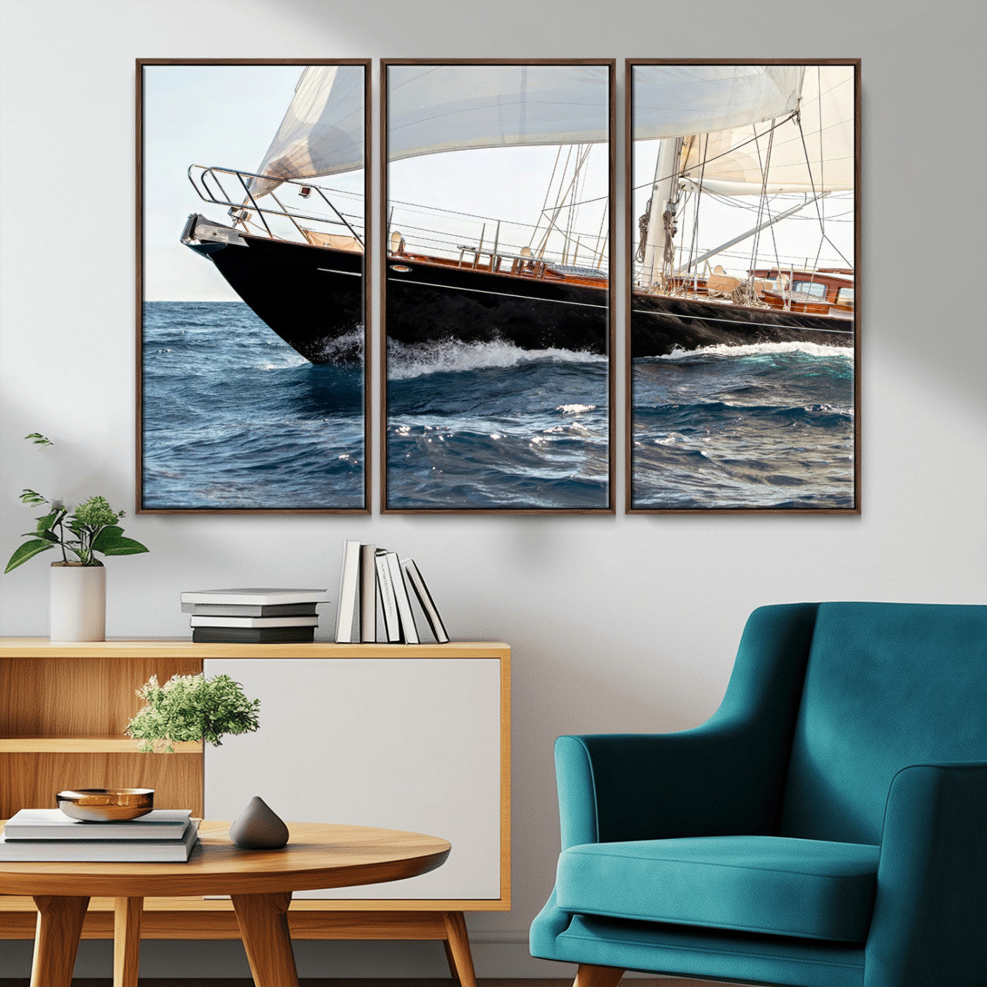 Close-up of a classic sailing yacht with wooden deck and full sails, perfect for nautical or coastal-style decor in ocean-themed spaces.