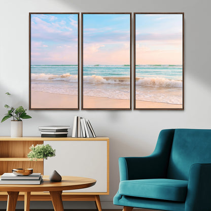 Pastel-toned ocean waves under soft sunset skies, ideal for pastel coastal or serene beach-style home decor.