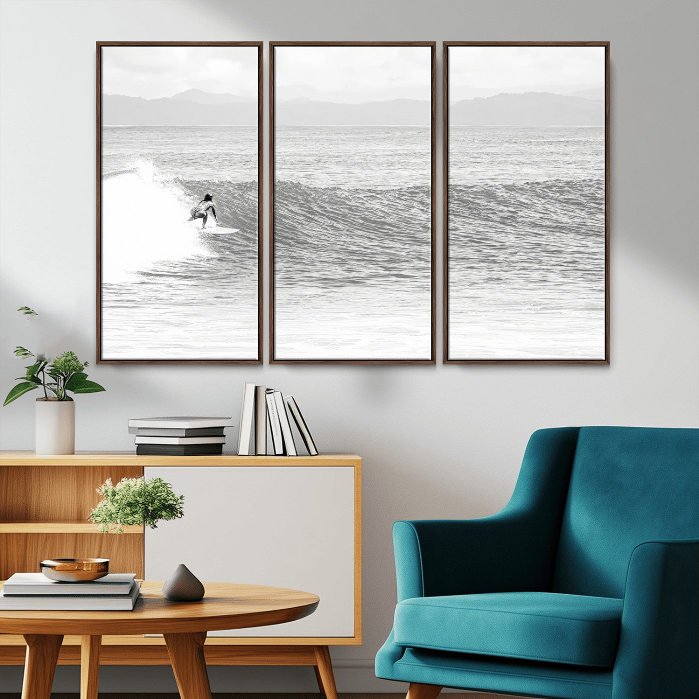 Monochrome photo of a surfer riding a wave with distant mountains, ideal for coastal motion or black and white surf-themed wall decor.