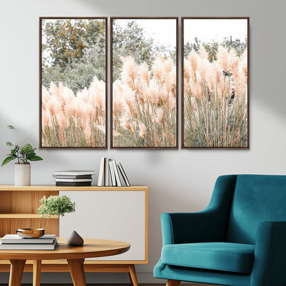 Soft pastel pampas grasses in a natural setting, ideal for neutral boho or rustic botanical-style interior wall decoration.