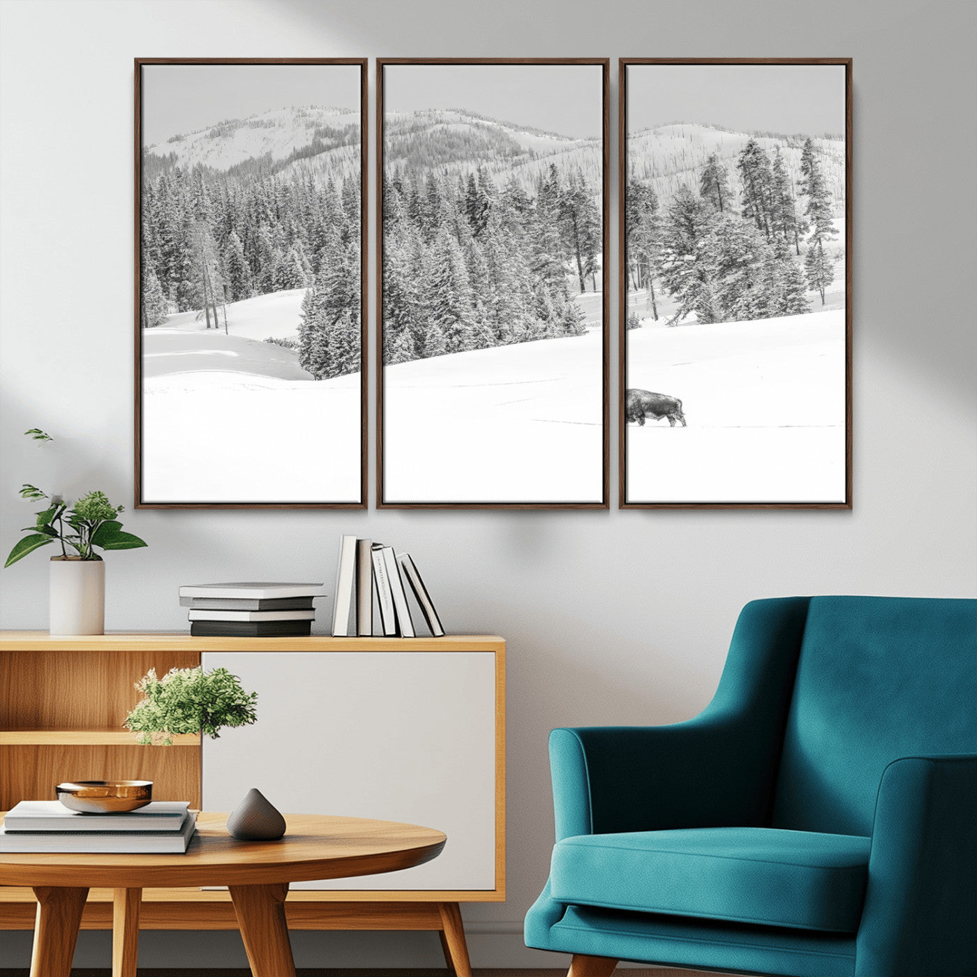 Snowy bison walking through white forest landscape, ideal for monochrome winter or wilderness-style interior wall decoration.