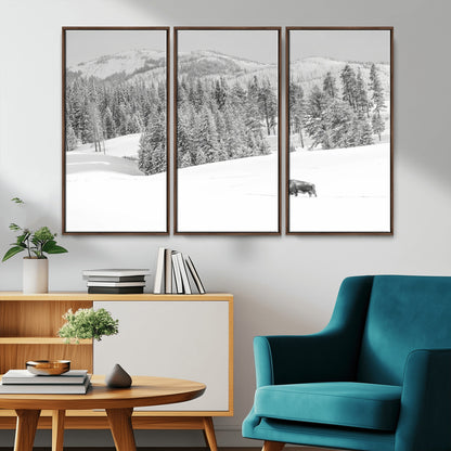 Snowy bison walking through white forest landscape, ideal for monochrome winter or wilderness-style interior wall decoration.